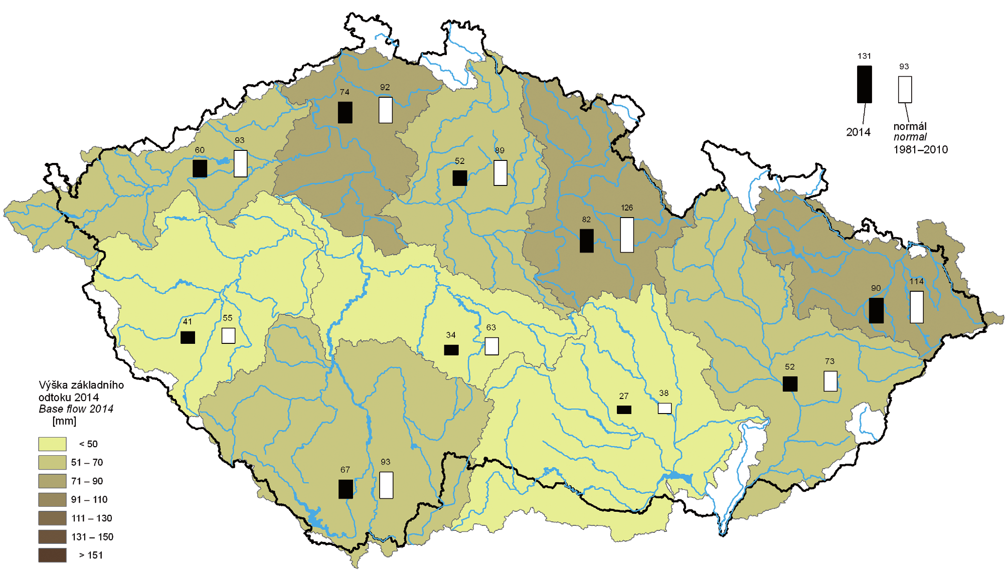 HYDROLOGICKÁ ROČENKA ČESKÉ REPUBLIKY 214 Mapa II.5 Výška základního odtoku v bilančních oblastech v roce 214. Map II.