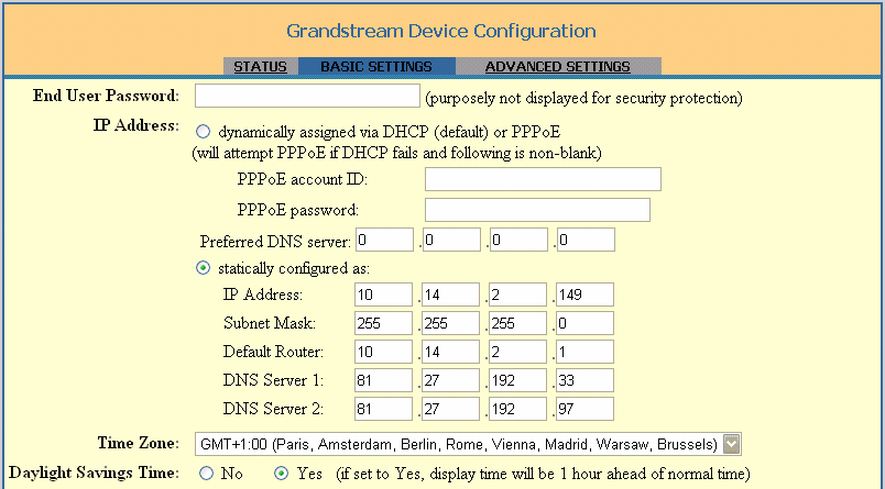 2. Nastavení přístroje 2.1. Základní nastavení Basic Settings Poté na konci stránky tlačítkem Update uložte nastavení a tlačítkem Reboot restartujete zařízení.