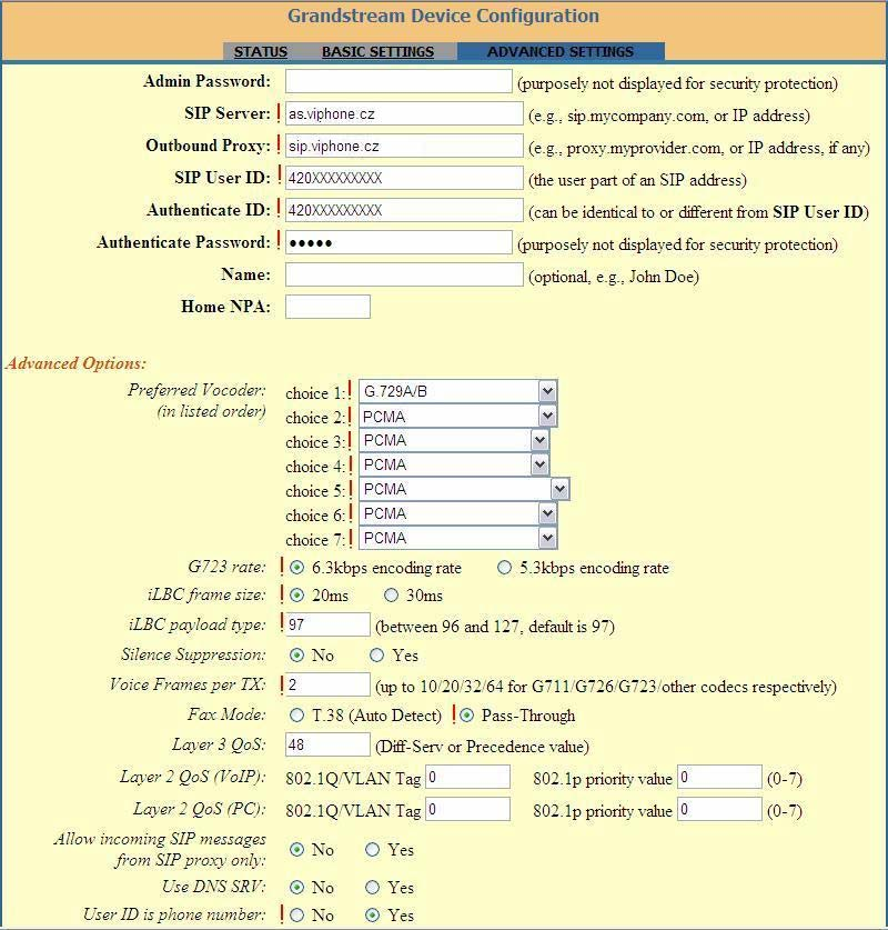 2.2. Rozšířené nastavení Advanced Settings Na této stránce hlavně nastavte: SIP Server: as.viphone.cz Outbound Proxy: sip.viphone.cz SIP User ID a Authenticate ID jsou totožná (tel.