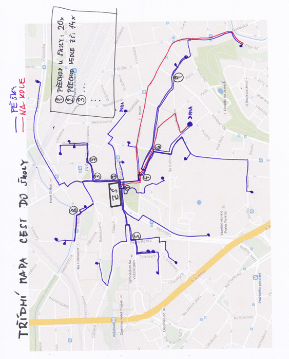mapkou připojí vysvětlení, z jakého důvodu jsou tato místa problematická. Je vhodné barevně odlišit cesty pěšky a cesty na kole nebo koloběžce.