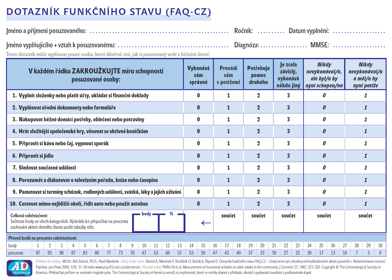 Aktivity běžného života = FAQ-CZ 15 1) Bartoš, Psych Pro