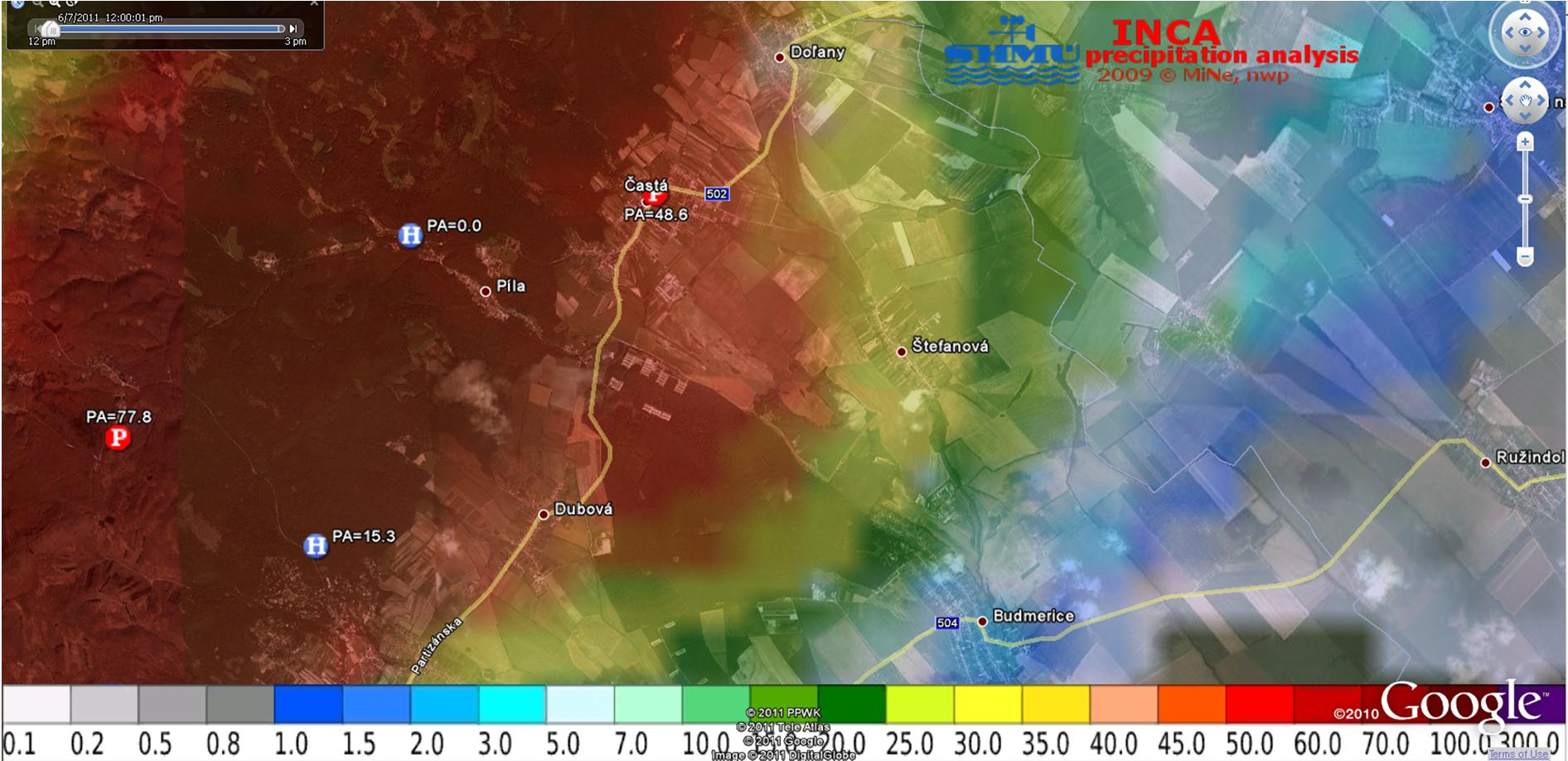 Obr. 8 3 - hod. úhrny zrážok dňa 7.6.