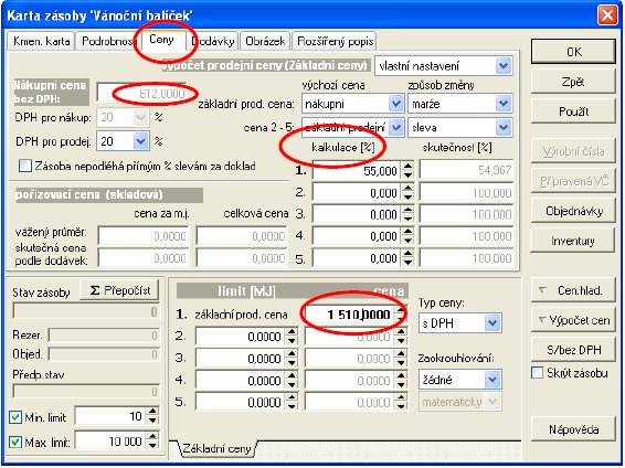 Červeně na liště CENY nemůžete opravovat N[KUPNÍ CENU, ale můžete pracovat s CENOU prodejní. Nejčastěji ji nastavujete pomocí KALKULACE, s tím že vidíte, jak se v procentech promít{ do ceny konečné.