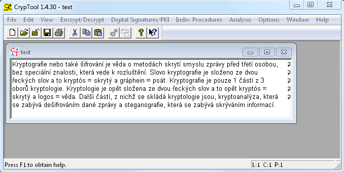 Obrázek 15 - CrypTool - otevřený text [zdroj: vlastní] Otevřený text (text.