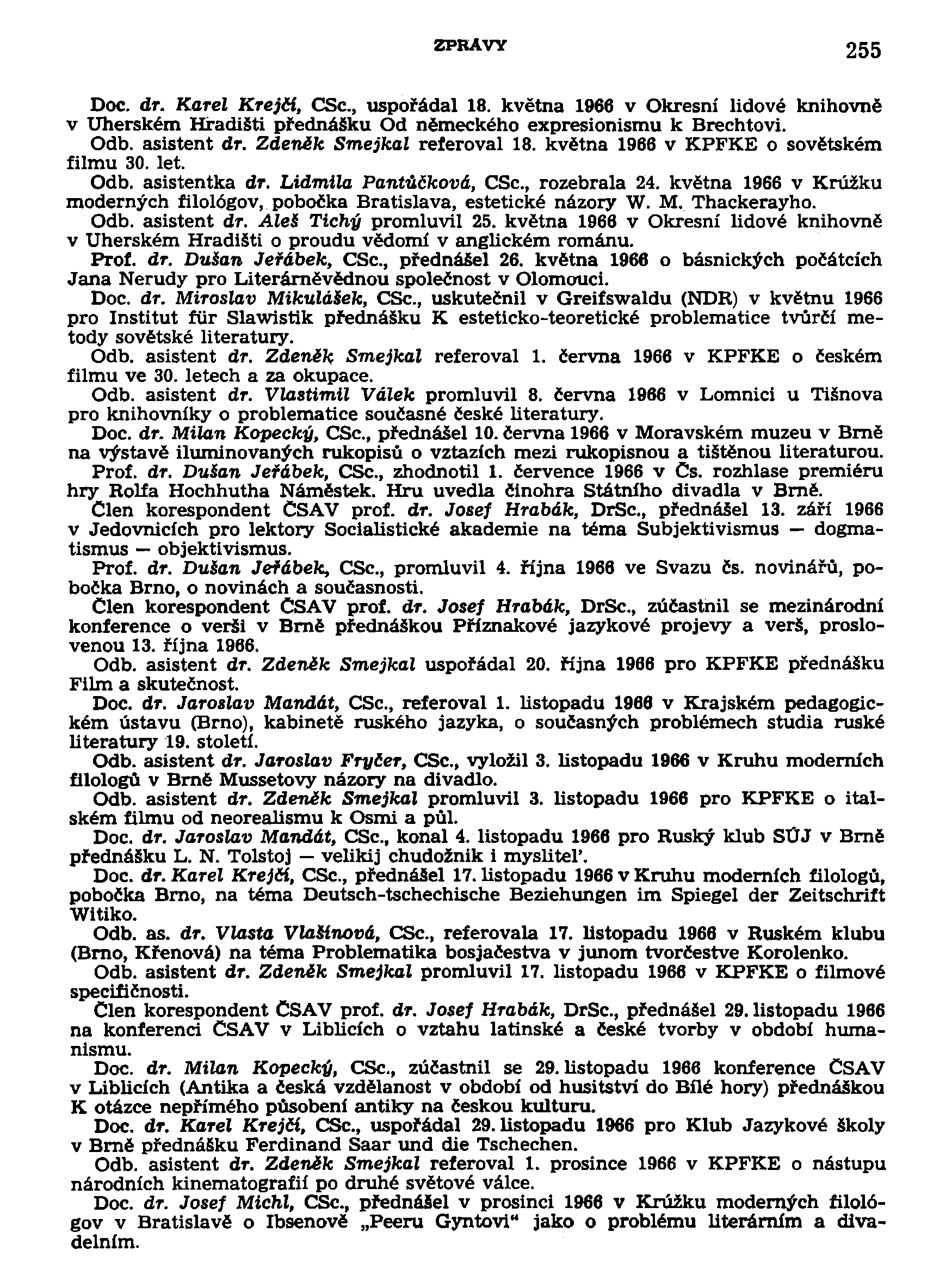 ZPRÁVY 255 Doc. dr. Karel Krejčí, CSc, uspořádal 18. května 1966 v Okresní lidové knihovně v Uherském Hradišti přednášku Od německého expresionismu k Brechtovi. Odb. asistent dr.