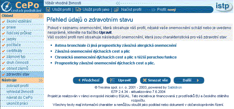 Na této stránce se klientovi zobrazí změny zdravotního stavu uložené na předchozích obrazovkách.