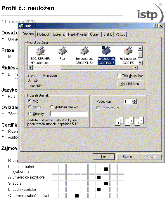 Profil je také možné odeslat elektronickou poštou. Odeslání se spouští kliknutím na tlačítko.