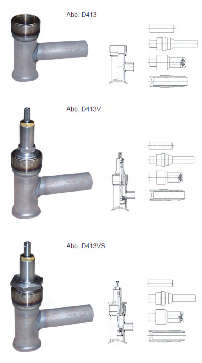 T-kus (produktová řada Manibs ) typ D 413, D 413V, D 413VS provedení se sedlem/bez sedla, k navaření na ocelový plynovod a s konusem pro připojení s vnitřním závitem () a vnějším závitem (2 1/)