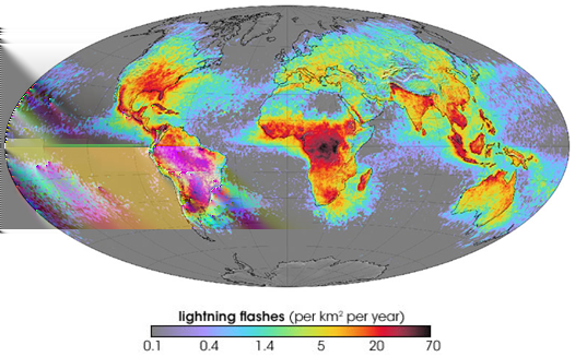 Obr. 2. Mapa ukazující průměrný roční počet blesků na jeden čtvereční kilometr. Mapa byla vytvořena na základě dat naměřených družicemi NASA v letech 1995 2002 (převzato z http://geology.