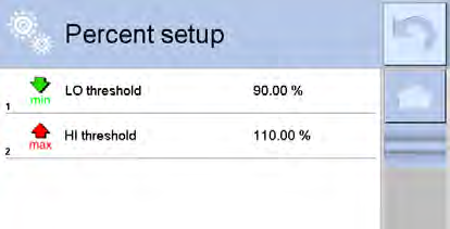 Vyberte položku <Keys>. Přiřaďte funkční tlačítka funkci <Checkweighing thresholds>. Stisknutí tlačítka způsobí návrat na okno Stanovení procenta.