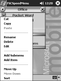 FSC SpeedMenu rychlé ovládání jednou rukou pro Pocket LOOX 610 Úprava nabídky FSC SpeedMenu V rámci daného uspořádání (viz kapitola Struktura programu ) je možné nabídku FSC SpeedMenu přizpůsobit