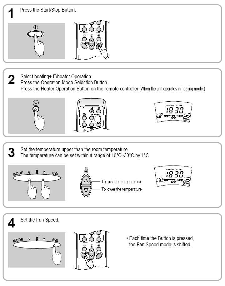 Nastavení režimu elektrického ohřevu(tepelné čerpadlo + elek.ohřívač. Stiskněte tlačítko start/stop Režim topení + elektric.ohřev: Stiskněte tlačítko změny provozního režimu.