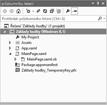 50 Část I Úvod do vývoje v prostředí Visual Studio 2. Klepněte na šipku, která se v okně Průzkumníku řešení (Solution Explorer) nachází vlevo vedle souboru MainPage.xaml.