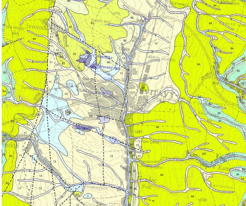 Obr. 5: Geologická mapa oblasti (Kvartér 1: antropogenní uloženiny, vytěžené prostory; 3: říční sedimenty (písek, štěrk); 4: nivní sedimenty (hlína, písek, štěrk); 5: splachové sedimenty (hlína,