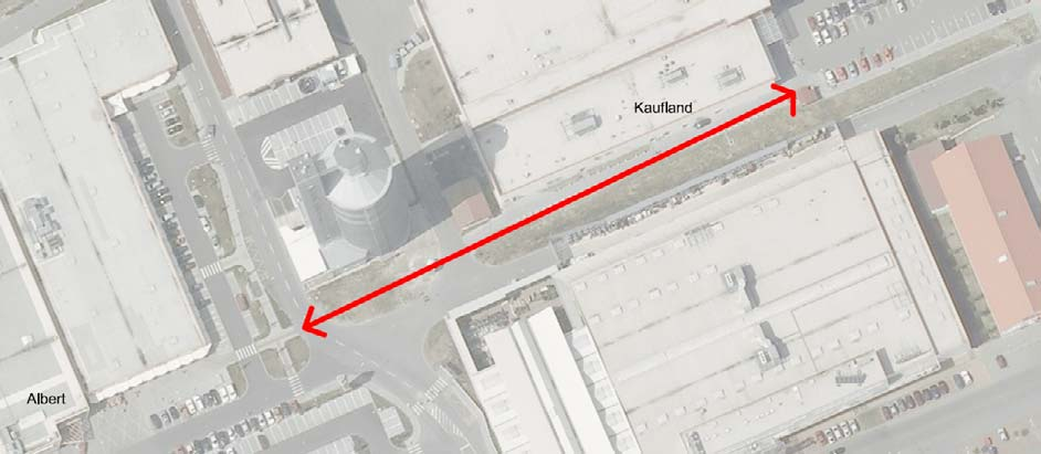 Obr. 34 - Doporučené vymezení stezky pro pěší a cyklisty v prostoru OC Cukrovar Zkvalitnění pěšího přístupu směrem od Kauflandu na autobusovou zastávku OC u Cukrovaru směr výjezd Redlichova.