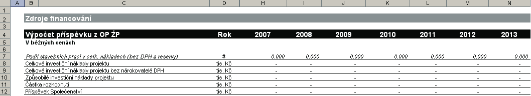 Tabulka Výpočet příspěvku z OPŽP (běžné ceny) V této části Zpracovatel analýzy nemůže vyplnit ani upravit žádná data, která jsou v tabulkách uvedena.