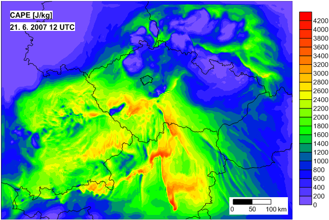 3.3.1 Událost 21. 6. 2007 způsobená podmíněnou instabilitou U srážkové události, kterou zapříčinilo uvolnění podmíněné instability, jsou rozhodující hodnoty CAPE.