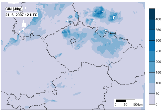 Obr. 31 Prognostické pole veličiny CIN spočtené modelem COSMO-CZ pro termín 21. 6. 2007 12 UTC.