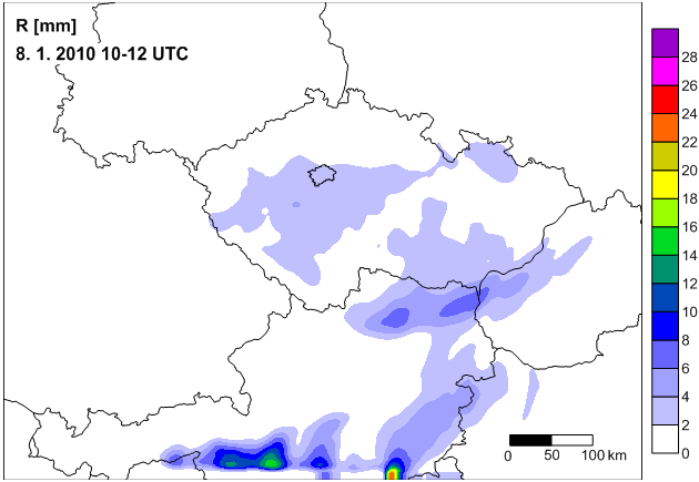 Obr. 39 Prognostické pole srážkových úhrnů pro den 8. 1. 2010 v čase 10 12 UTC.