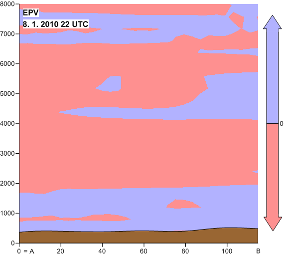 Obr. 42 Veličina EPV ve vertikálním řezu pro 8. 1. 2010 22 UTC. Linie řezu je vyznačena přímkou AB na obr.