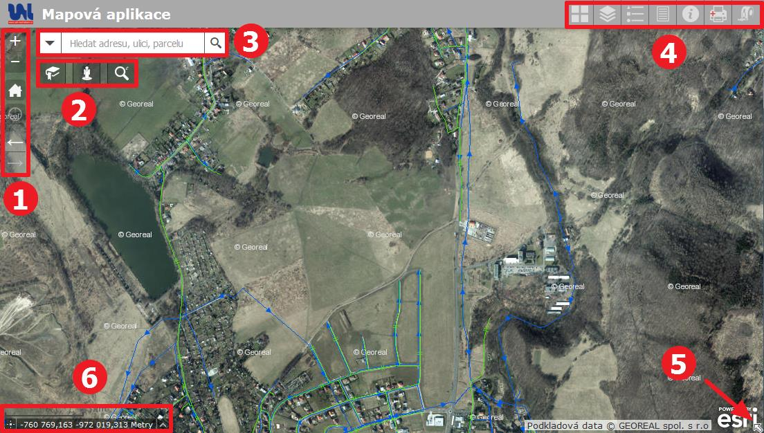 2. ROZLOŽENÍ A STRUČNÝ POPIS OVLÁDACÍCH PRVKŮ MAPOVÉ APLIKACE Veškeré prvky uvedené v této kapitole budou podrobněji popsány níže v textu. 1.