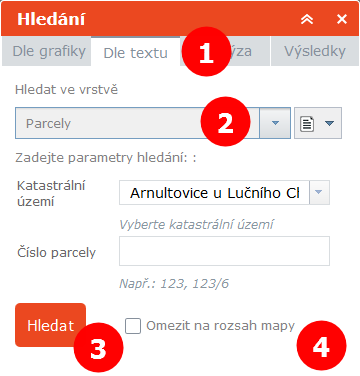 Poté vybíráme nebo zadáváme v závislosti na zvolené vrstvě další kritéria. Např. v případě parcel se jedná o Katastrální území a číslo parcely.