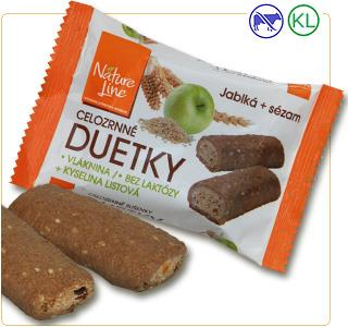 DUETKY Celozrnné sušienky s jablkami a sezamom 50g 3/10 ZLOŽENIE: pšeničná múka, margarín (rastlinné tuky /palmové/, rastlinný olej /repkový/, voda, emulgátory /mono a diglyceridy mastných kyselín,