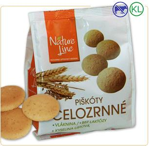 CELOZRNNÉ PIŠKÓTY 120g 7/10 ZLOŽENIE: : vajcia, cukor, pšeničná múka celozrnná 27,6%, pšeničná múka, pšeničná múka hrubá, kyselina listová. Skladujte v suchu pri max. teplote 25 C.