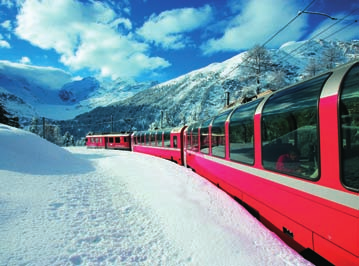 Bernina Express zimní pohádka Zažijte jeden z nejkrásnějších Rezervace: railservice@rhb.ch přejezdů Alp: trasu Albula a Bernina na Rhétské dráze.