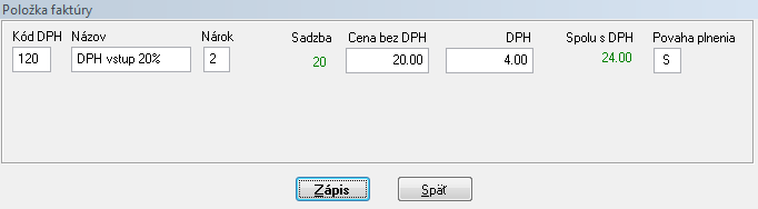 hodnotu faktúry bez nároku na odpočet DPH zaevidovať s kódom DPH 120 a