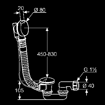 odpadová a prepadová súprava G 1 1/2 bowdenové tiahlo 850 mm dlhé s flexibilnou prepadovou