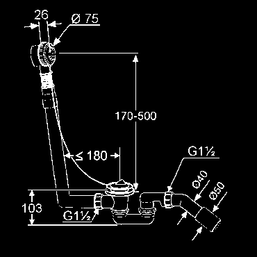 tiahlo 850 mm dlhé s flexibilnou prepadovou rúrou 950 mm dlhou pre špeciálne vane s nerozoberateľným zápachovým uzáverom 2 ohybné kolená 2135300-00