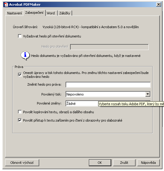 Zabezpečení PDF šifrou AES Nastavení: kompatibilita verze Acrobat