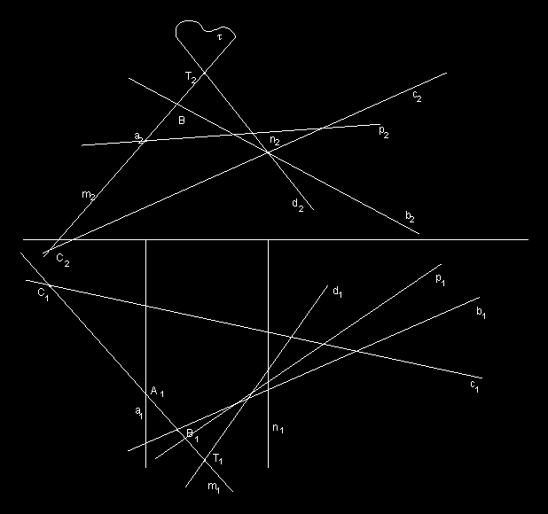 bodě T. m2=t2a2, d2=t2n2. Určíme půdorysy přímek d, m. Přímka m protíná přímky a, b, c v bodech A, B, C, sestrojíme jejich půdorysy a získáme půdorys přímky m i bodu T.