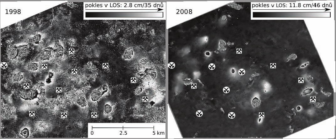 Obr. 1 - Poklesové kotliny dolů karvinské části OKR z interferogramů: vlevo: ERS-2