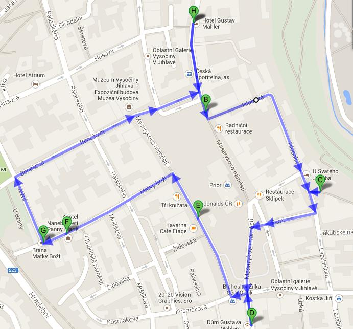 Mapa č. 5: Pěší prohlídka Jihlavy (1: 20 000) A: hotel Gustav Mahler B: kostel sv. Ignáce z Loyoly C: kostel sv.