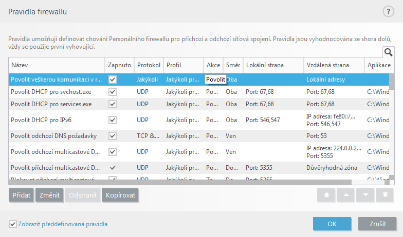 4.3.3.1 Nastavení pravidel Dialogové okno Pravidla firewallu zobrazíte kliknutím na Změ nit vedle položky Pravidla v sekci Obecné.