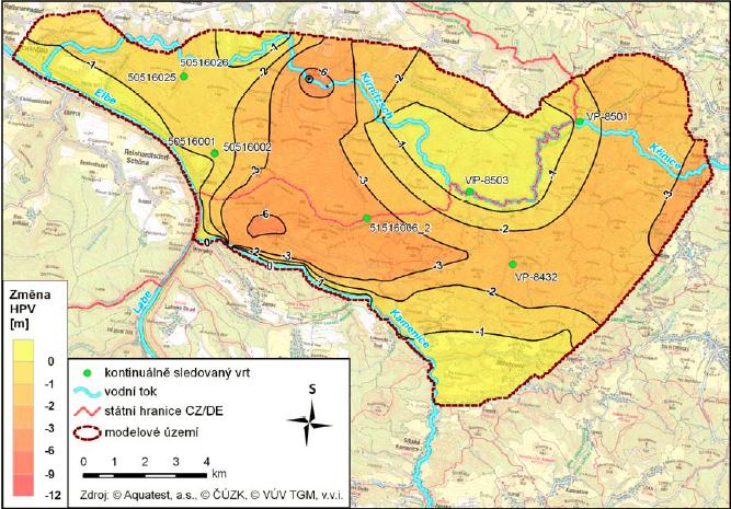 V2 S3-2: současné povolené odběry a snížená infiltrace+ periody sucha Hladiny se po 30 letech