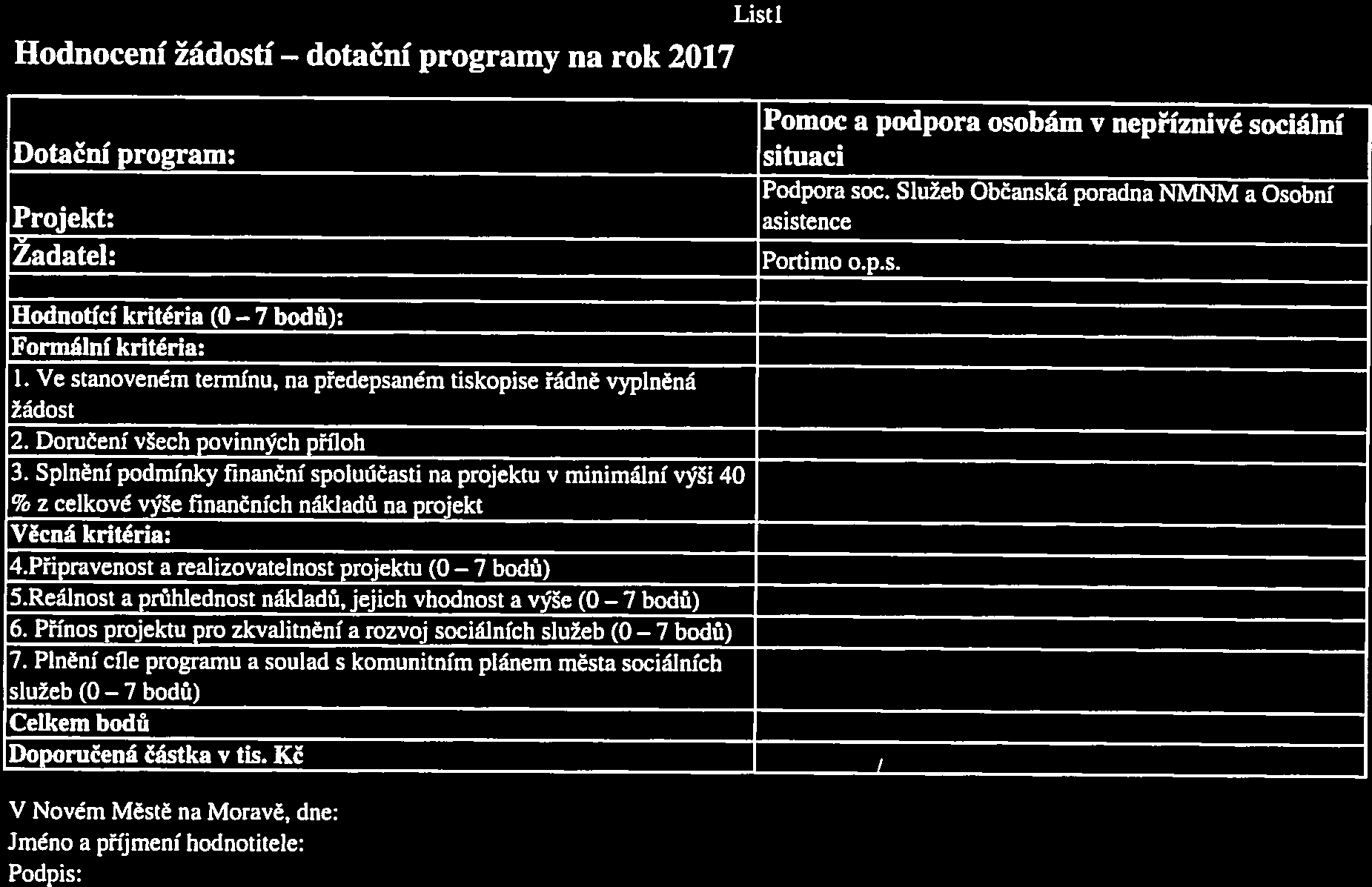 Hodnocení žádostí dotační Listl Dotační program: situaci Projekt: asistence Žadatel: PorUmo o.p.s. Pomoc a podpora osobám v nepříznivé sociální Podpora sec.