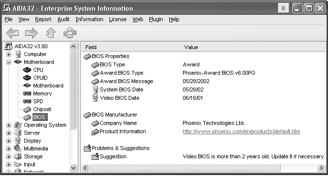 Úvodní obrazovky 15 Obrázek 2.3: Informace o BIOSu (AIDA32) Informace o hardwaru počítače Dalším důležitým údajem jsou informace zjištěné POST testy.