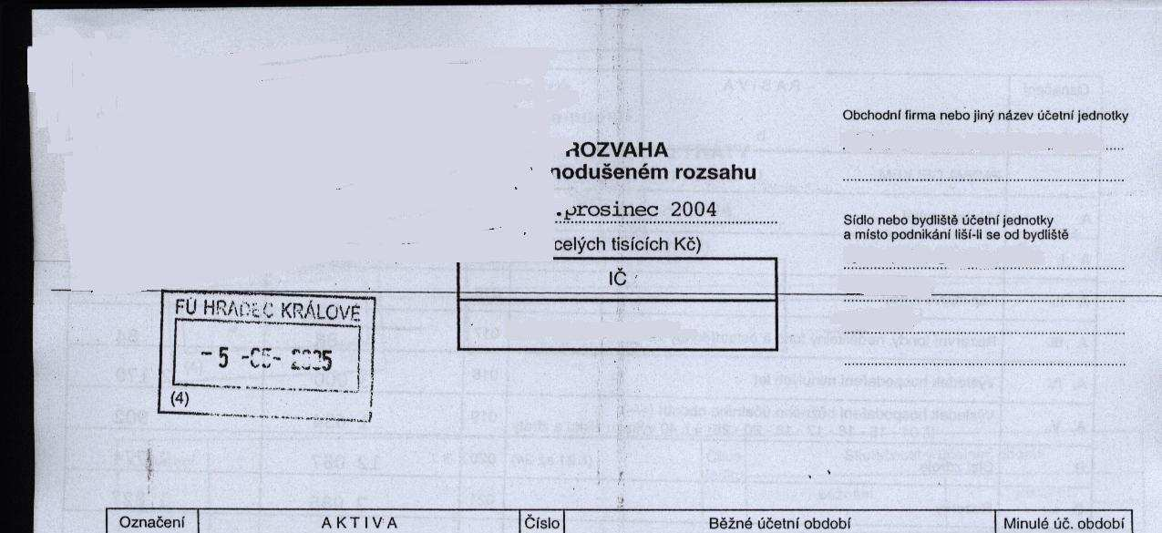 Příklad naskenované Rozvahy Rozvahu a výkaz zisku a ztrát za poslední 2 uzavřená účetní období je třeba naskenovat a v předepsaném formátu pro zasílané přílohy, popsané níže, zaslat elektronicky