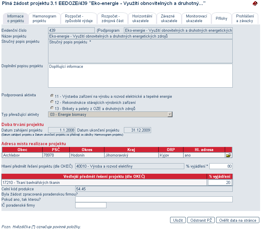 Vzorová ukázka Plné žádosti (po schválení Registrační žádosti) v aplikaci eaccount Jednotlivé záložky plné žádosti, které je třeba vyplnit.