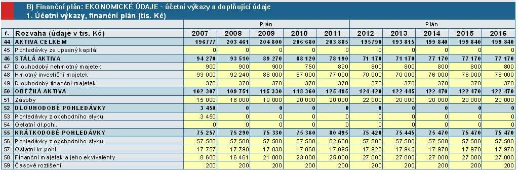 B) Finanční plán celého podniku Tato část formuláře je určena k hodnocení ekonomické efektivnosti celé firmy.