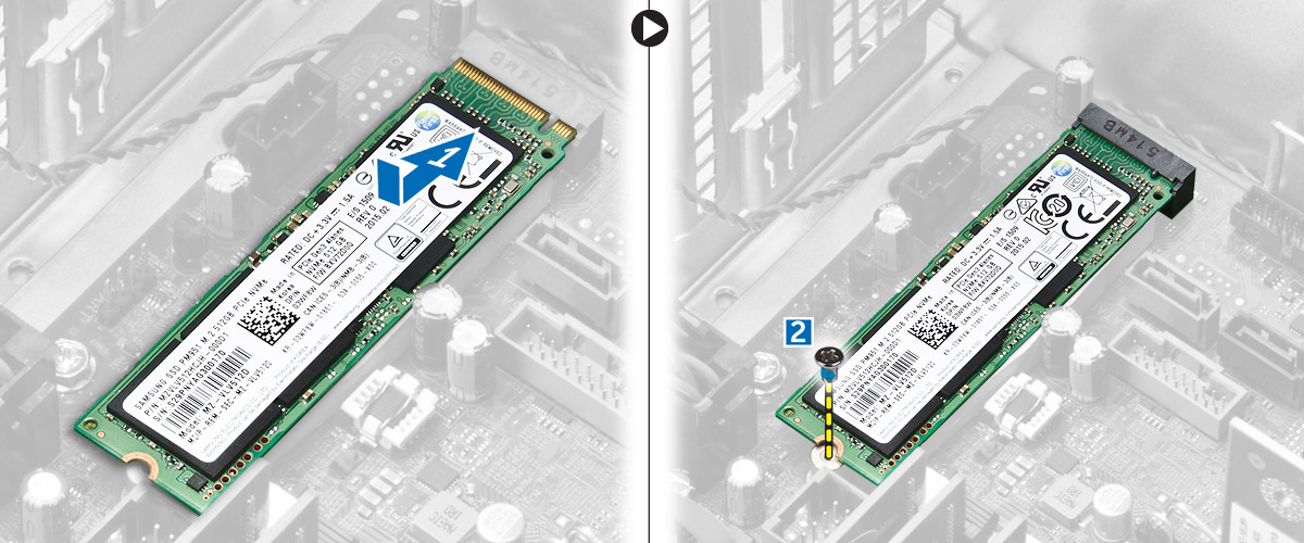 Vyjmutí karty PCIe SSD (Solid State Drive) 1. Vyšroubujte šroub, který kartu PCIe SSD upevňuje. 2.