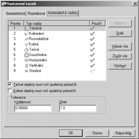 ZaËÌn me Kreslicí pomůcky Obrázek 4.12 Dialog Nastavení vazeb, karta Automatická vazba Poznámka: Tento přepínač je dostupný pouze pro AutoCAD 2011.