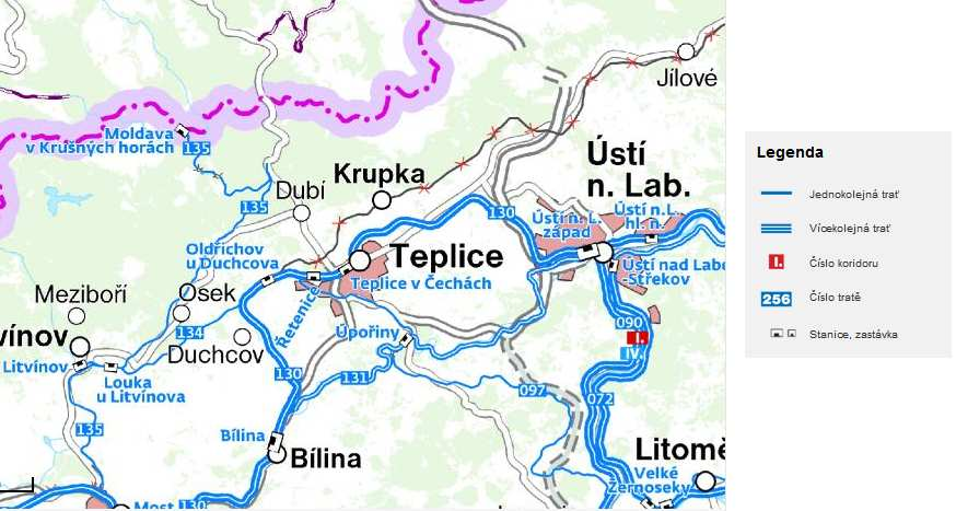 Železniční tratě procházející územím SO ORP Teplice 097 Lovosice Teplice v Čechách (regionální dráha) prochází Ústeckým krajem, vede z Lovosic přes Opárenské údolí, Borislav a Úpořiny až do města