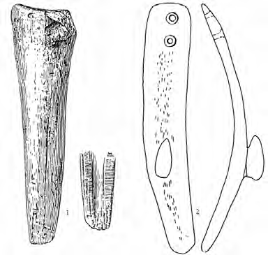 1 štípaná silicitová sekerka z Vícemilic, 2 čepel ( pazourkový nůž ) z Morkůvek, 3 kostěné dláto zhotovené z vřetenní kosti tura domácího z