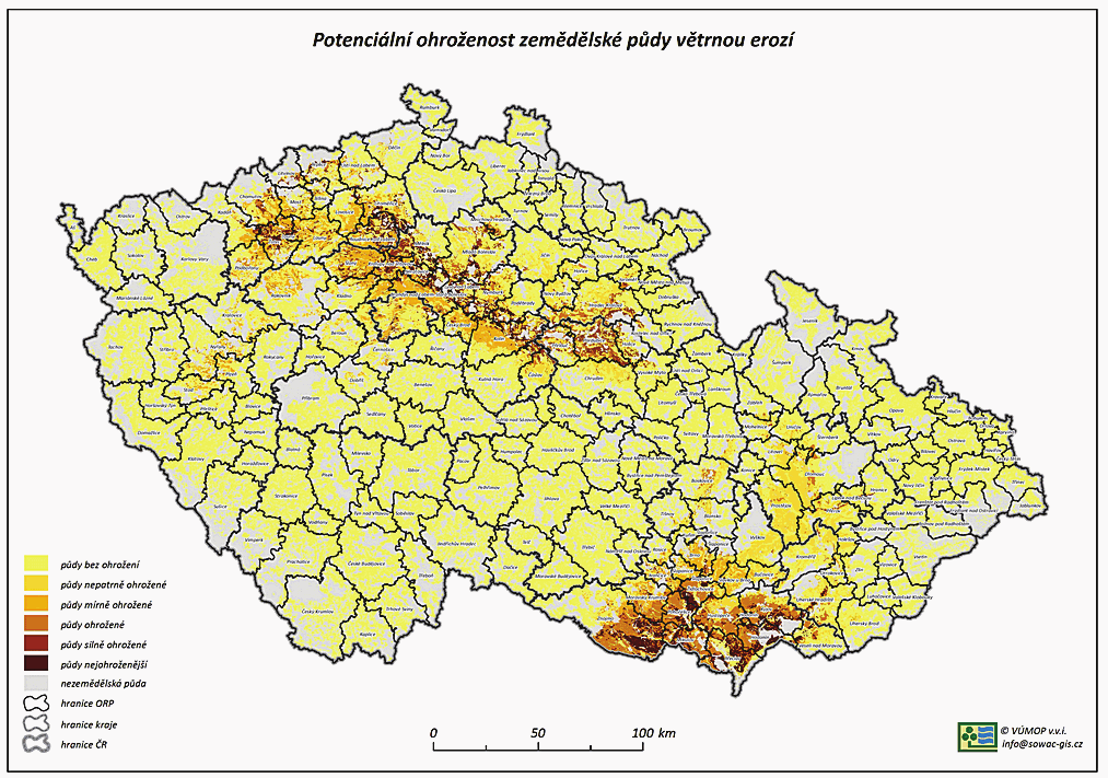 Obr. 3 Potenciální ohroženost zemědělské půdy větrnou erozí, 2010 Zdroj: VÚMOP, v.v.i. Graf 3 Potenciální ohroženost zemědělské půdy větrnou erozí v ČR [%], 2010 Zdroj: VÚMOP, v.v.i. Potenciální ohroženost zemědělské půdy vodní erozí Vodní eroze je velmi závažným problémem ČR, a to nejenom ze zemědělského hlediska, ale i z hlediska ochrany životního prostředí.