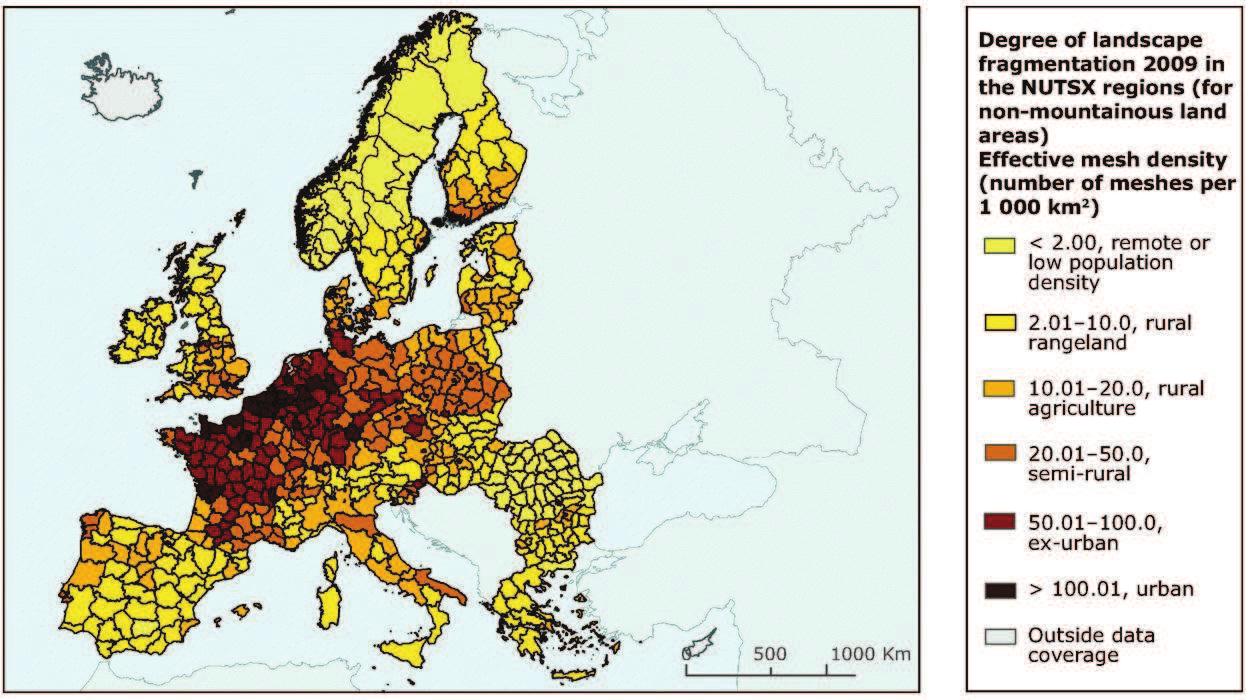 Obr. 2 Fragmentace krajiny podle regionů NUTS, mezinárodní srovnání, 2009 Metoda Effective mesh density je založena na počtu plošek/1 000 km 2. Menší rozloha plošek (tzn.