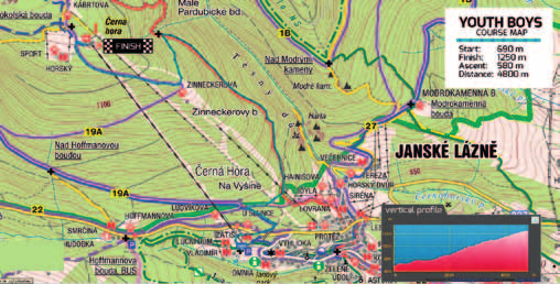 n.m. / Cableway station Janské Lázně Cíl / Finish: Horní stanice lanovky Černá hora, 1250m n.m. / Cableway station Černá hora Mistrovský